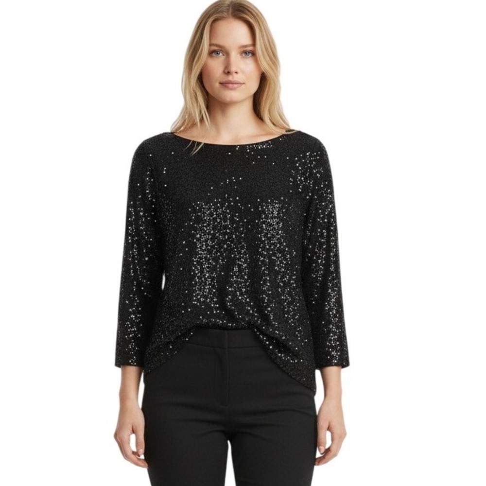 J.Crew Black Sequin Boatneck 3/4 Sleeve Top Medium Holiday Party Glam